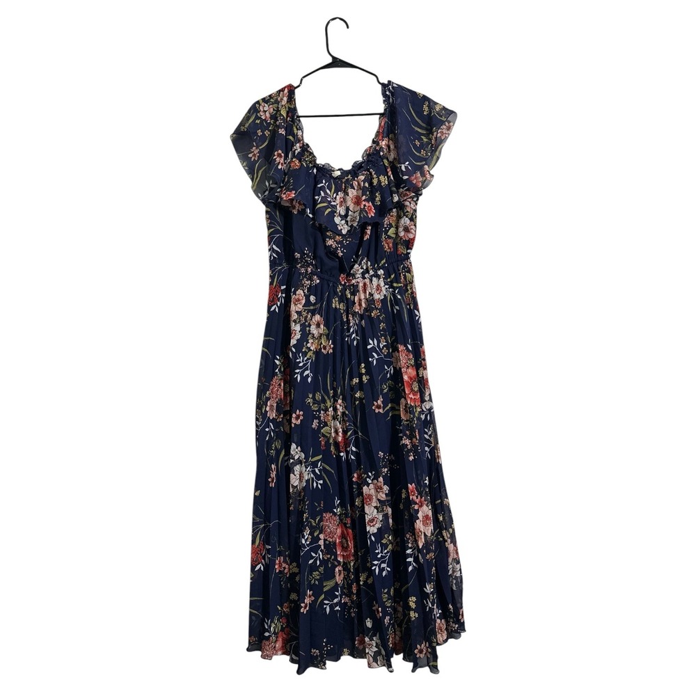 Indigo Rose Navy Blue Floral Pleated Chiffon Maxi Dress Ruffle Neck Plus Size 1X